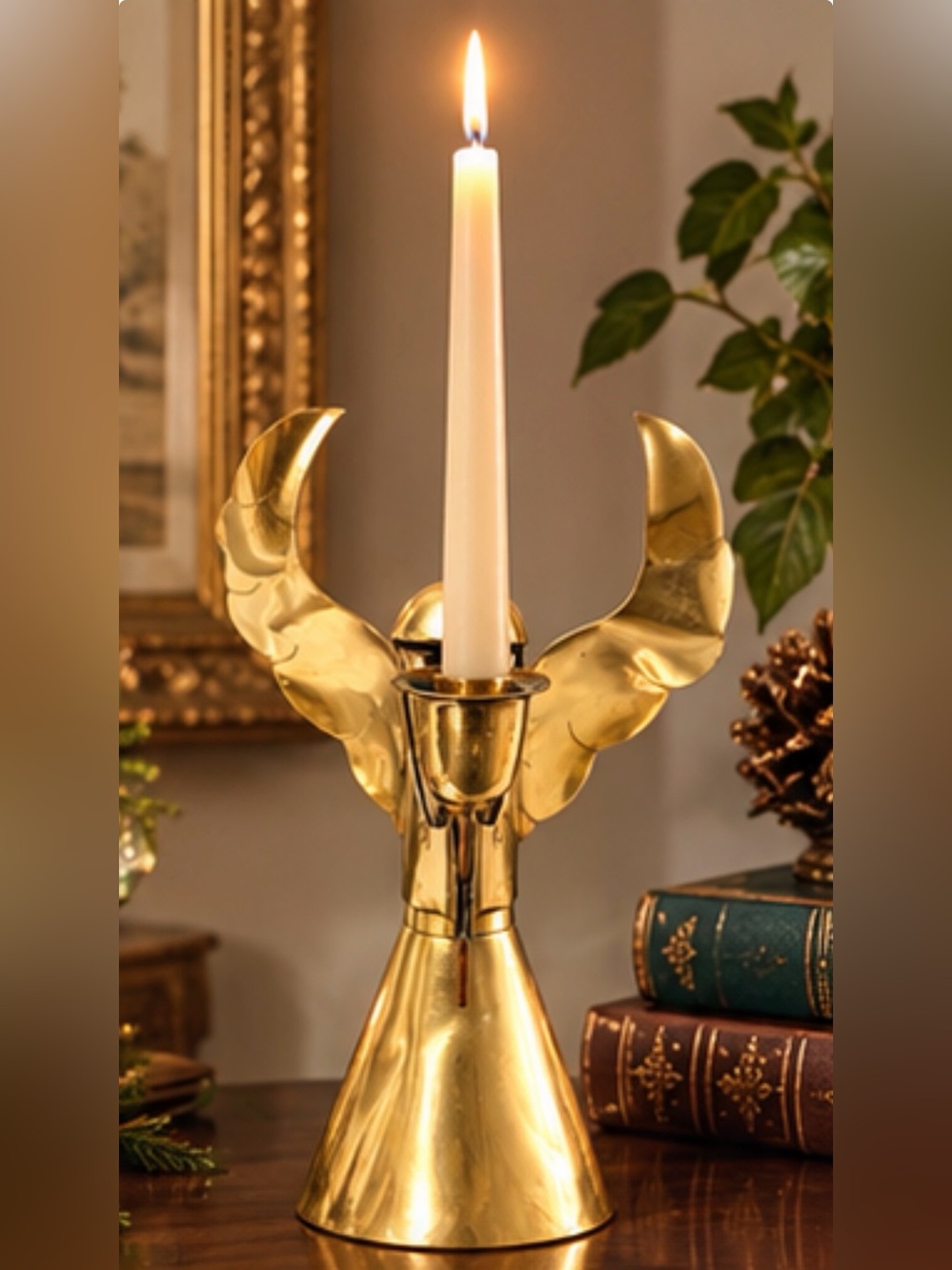 Vintage H Mexico Brass Angel Candleholder Large 12” Mexican Modernist Décor